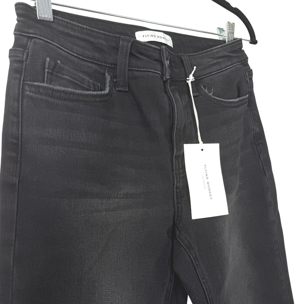 Flying Monkey High Rise Straight Jeans Womens 27 Black Raw Hem Cropped Denim - Picture 4 of 11